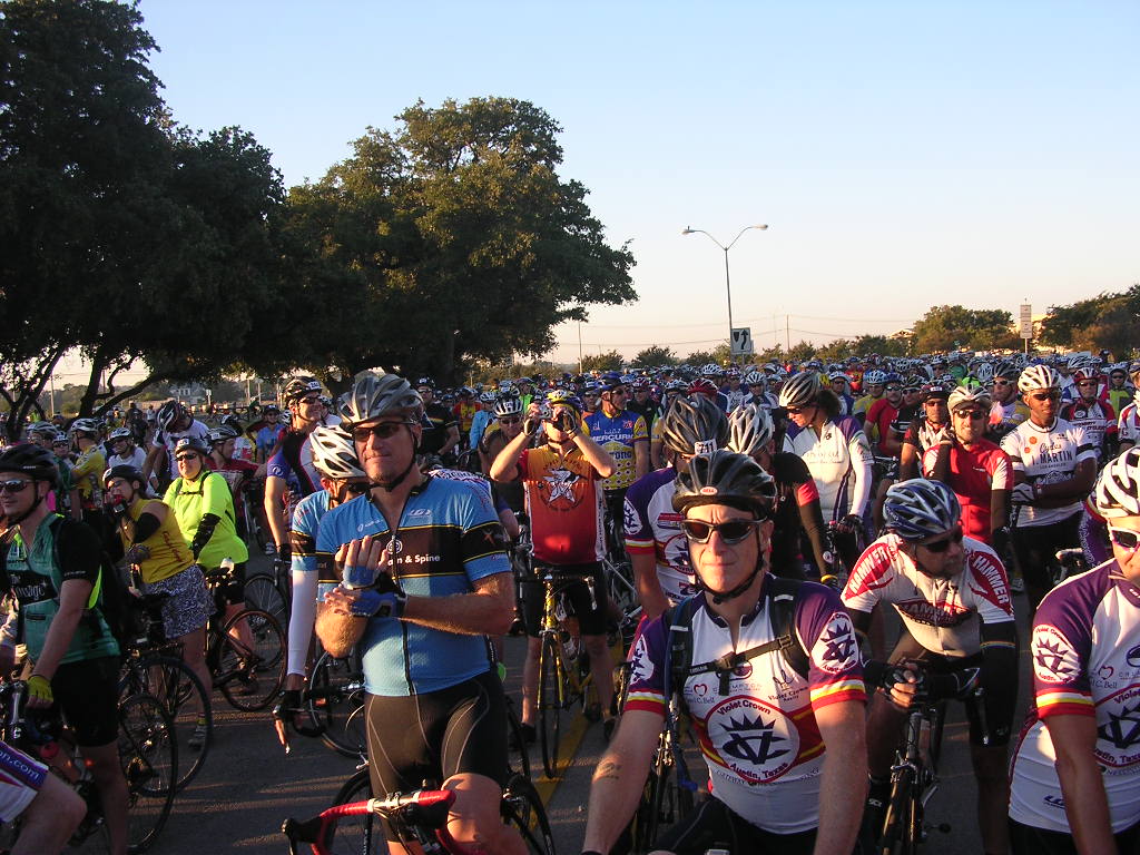 Waiting for the start of an organized ride early in the morning.